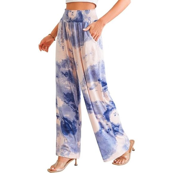 Tie Dye Wide Leg Pants Elastic Waistband Pockets Blue Pink Size XL Palazzo - Picture 1 of 4